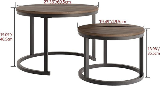 HOJINLINERO Round Coffee Table,Nesting Coffee Table Set of 2,Center Tables for Living Room,Office, Home Small Space,Stacking Side Tables,Sturdy and Easy Assembly,Wood Desktop,Walnut+Black,Large