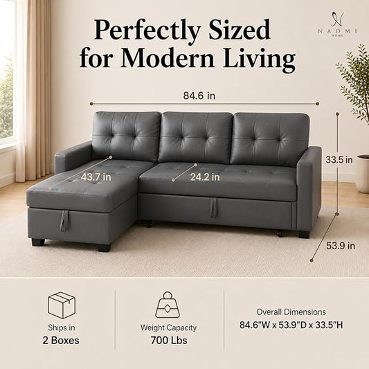 Naomi Home 84" L-Shaped Sectional Sleeper Sofa with Pull Out Bed | Sleeps Guests Comfortably, Stores Essentials in Chaise & Saves Space, Air Leather, Dark Gray Convertible Sofa Bed