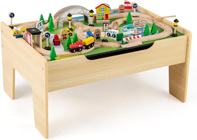 Costzon Train Table, 5 in 1 Kids Activity Wooden Set w/ 78 Pieces Railway Playset, Reversible Map Top, Blackboard, Building Bricks Station & Large Storage Space, Toddler Sensory Table for 18 M+