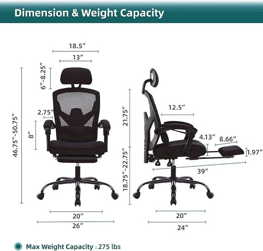 DUMOS Home Office Desk Chair with Footrest, High-Back Mesh Rolling Swivel Reclining Chairs with Wheels, Comfortable Headrest, Lumbar Support, Comfy Arms for Home, Office, Gaming, Student, Inky