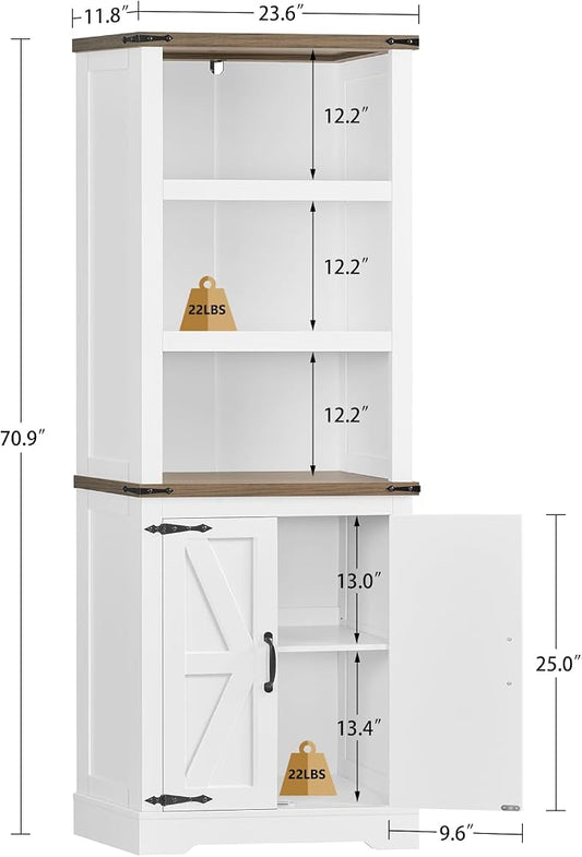 TEENFON 70.9in Tall Storage Cabinet with Adjustable Shelves, Kitchen Pantry Cabinet with 2 Barn Doors, 5 Tiers Farmhouse Bookcase for Living Room, Kitchen, Home Office, Bedroom, White