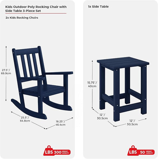 Costaelm Paradise Kids 3-Piece Outdoor HDPE Plastic Square Side Table and Rocking Chairs Set, Navy Blue