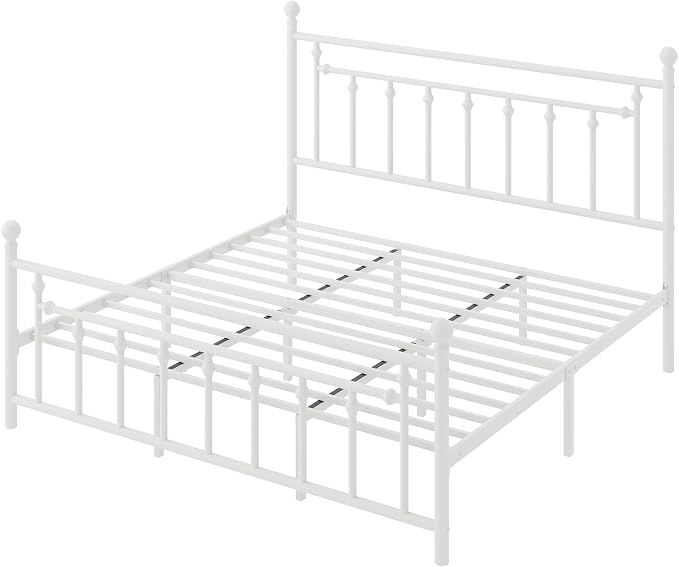 SHA CERLIN 14" King Size Metal Platform Bed Frame/Victorian Headboard and Footboard/Steel Slats Mattress Foundation for Storage/No Box Spring Needed/Noise Free/White