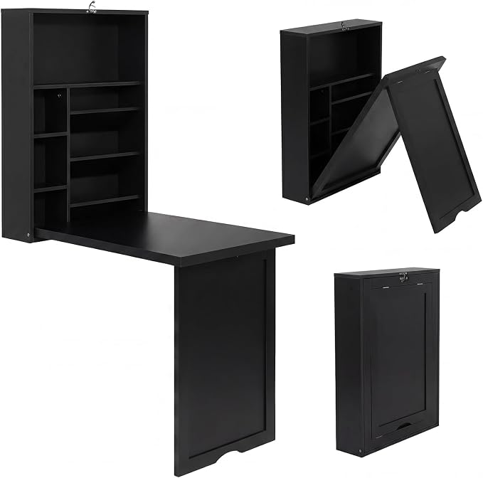 Tangkula Folding Wall Mounted Desk, Convertible Fold Out Floating Table with Storage Shelves, Space-Saving Drop Leaf Table, Murphy Desk for Craft, Study, Small Spaces, Home Office, Dorm, Black