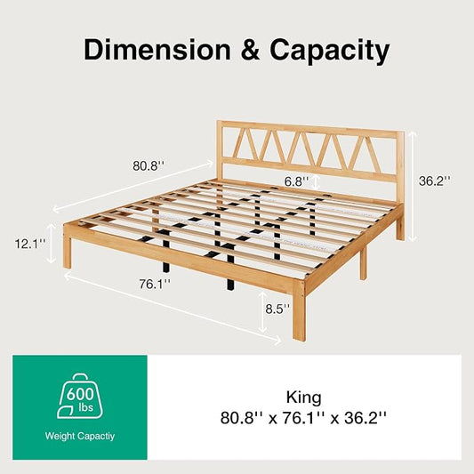 Novilla 12 Inch Solid Wooden King Size Bed Frame King Bed Frames with Headboard BedFrame Foundation No Box Spring Needed, Easy Assembly, Natural Grain Wood