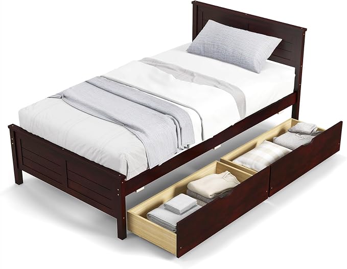 KOMFOTT Twin Size Wood Bed Frame with 2 Storage Drawers, Mid Century Platform Bed Frame with Headboard, Sturdy Wooden Slats Support, Modern Mattress Foundation, No Box Spring Required, Easy Assembly