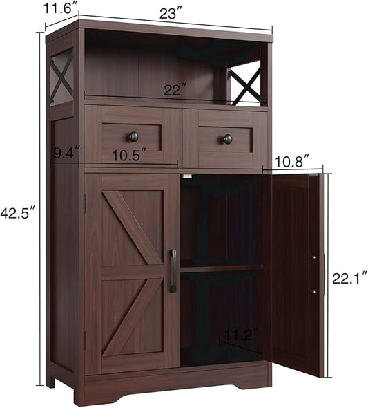 Befrases Dark Brown Storage Cabinet with Drawers and Shelves, Standing Kitchen Pantry Cabinet, Floor Storage Cabinet Hutch Cupboard, Coffee Bar Station for Dining Living Room Home Office