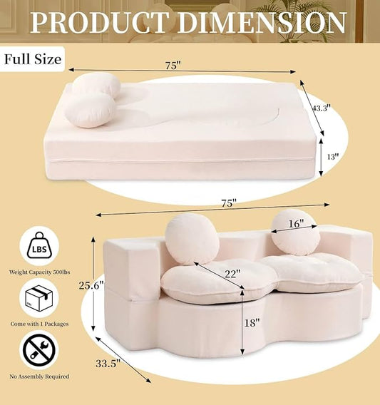 75” Full Size Convertible Sleeper Sofa Bed, Boneless Folding Futon Loveseat Sofa with 2 Pillows, High Density Foam Compressed Foldable Guest Couch for Living Room Apartment (Beige Teddy Velvet)