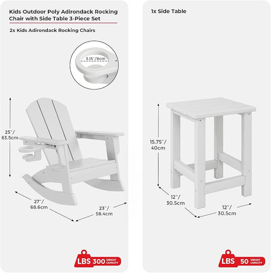 Costaelm Paradise 3-Piece Kids Table and Chairs Set with Toddler Rocking Chairs and Cup Holders, White