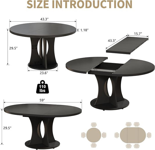 iPormis 43.3-59 Inch Extendable Round Dining Table for 6-8 People, Oval Dinner Table with Adjustable Top and A Stable Round Pedestal Base, Space Saving Wooden Kitchen and Dining Table, Black