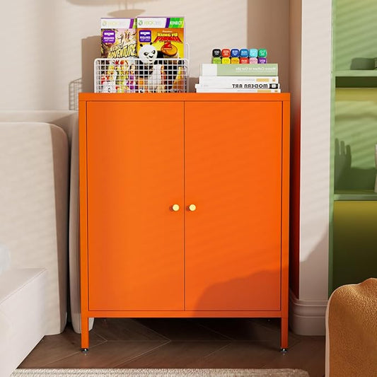 2 Door Metal Accent Storage Cabinet for Home,Office Room,Kitchen-Metal Locker Cabinet with 1 Adjustable Shelves-2-Tier (Small 2 Door Cabinet, Orange)