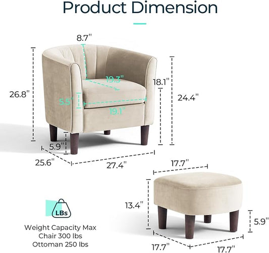 LINSY Small Accent Chair with Ottoman, Modern Barrel Chair Comfy Armchair Reading Chair with Footrest, Small Round Arms Chair for Living Room Bedroom Reading Room, Velvet, Beige