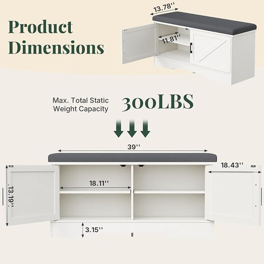 DUMOS 39 Inch Storage Bench, Shoe Organizer Cabinet with Thickened Padded Seat Cushion, Entryway Bench with 2 Doors & Adjustable Shelf for Hallway, Bedroom, Living Room, White