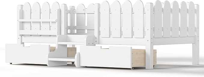 Bellemave Twin Montessori Bed with Stairs, Lights, Rails and Slats, Twin Size Montessori Floor Bed with Bookshelf and 2 Storage Drawers, Easy Assemble Beds Frame for Girls, Boys, White