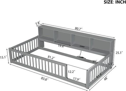 Bellemave Kids Montessori Floor Bed Twin XL Size,Floor Bed Frame with Bookcase and Charging Station for Kids Boys Girls,Gray
