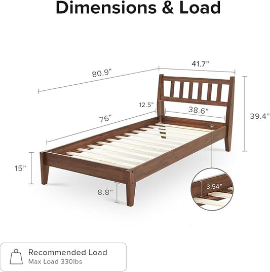 mopio Ted Bed Frame with Headboard, Mid Century Modern Acacia Solid Wood Platform Bed Frame, Wooden Slats, No Box Spring, Double Metal Bar Support (Solid Wood Slatted, Twin)