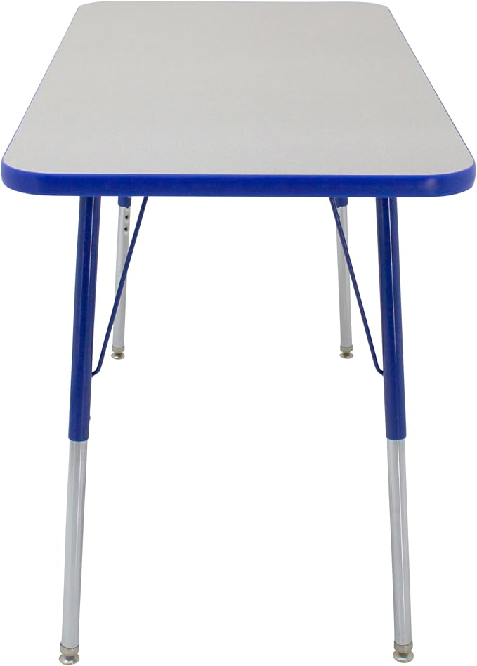 FDP Rectangle Activity School and Office Table (24 x 48 inch), Standard Legs with Swivel Glides, Adjustable Height 19-30 inches; Quick Ship Single Box - Gray Top and Blue Edge