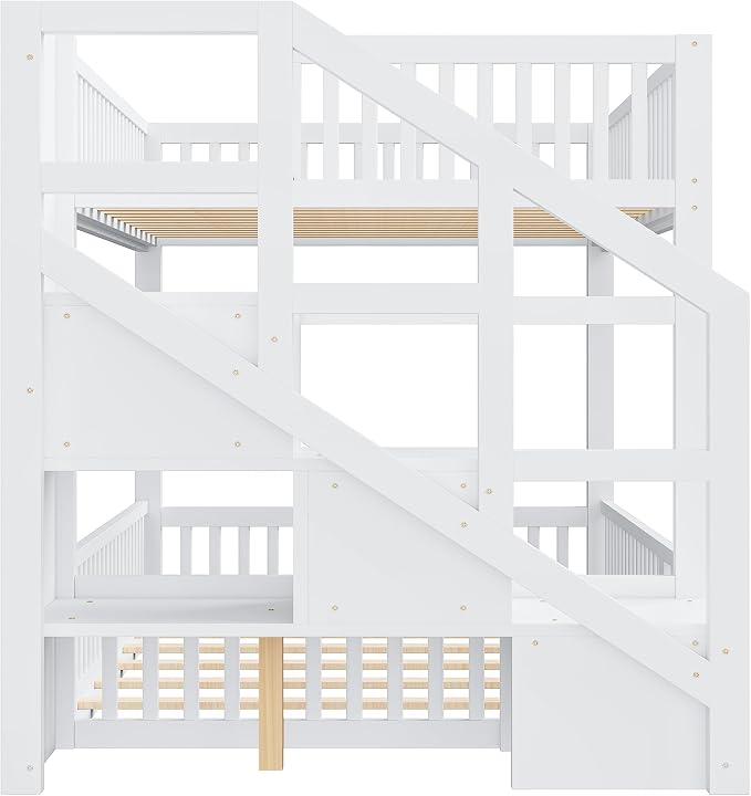 Full Over Full Floor Bunk Bed with Storage Ladder and Guardrails,for Kids Teens Adults (White#FF, Full Over Full)
