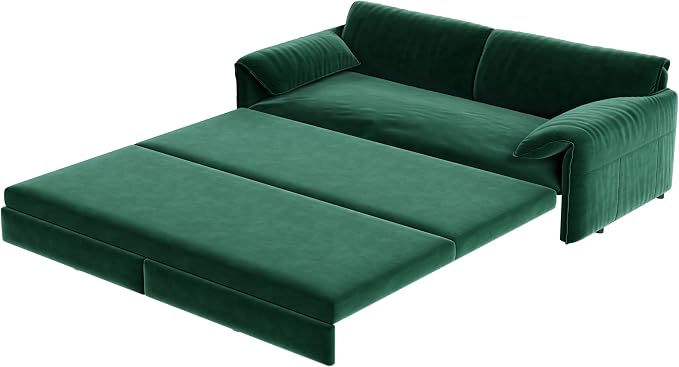63.8" Sofa Bed Queen Size, Pull Out Couch Bed, 3-in-1 Convertible Sleeper Sofa with Side Pocket, Modern Velvet Futon Couch for Living Room, Small Space, Apartment, Bedroom, Green