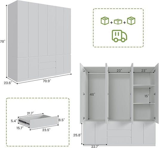 Bobve78 H Large 6 Doors Wooden Wardrobe, Armoire Wardrobe Closet with Drawers, Hanging Rod and Shelves, Bedroom Freestanding Armoire Closet Organizer, White