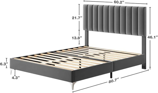 IDEALHOUSE Queen Size Bed Frame with Adjustable Headboard, Velvet Upholstered Platform Bed Frame with Wooden Slats Support, Queen Bed Frame with Under Space, Easy Assembly, Dark Grey
