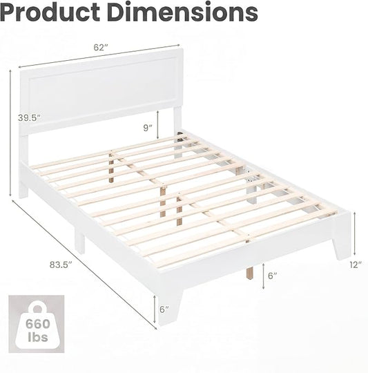 Giantex Queen Size Wooden Bed Frame with Headboard, Wood Slat Support | Modern Platform Bed with Heavy Duty Mattress Foundation, Under-Bed Storage, No Box Spring Needed, Easy Assembly (White)