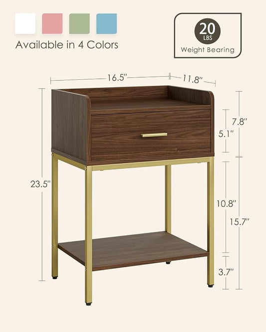 Masupu Nightstand, 3-Tier Modern Bedside Night Stand with Storage Drawer and Shelf, Small End Side Table for Bedroom, Living Room, Walnut