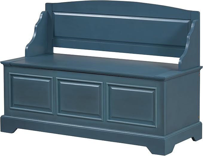 Knocbel Rustic Entry Storage Bench with Hidden Compartments and Removable Cushion, Wooden Entryway Hallway Foyer Shoe Bench Bedroom End of Bed Bench (Antique Navy and Beige)