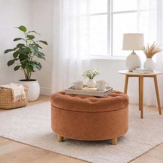 HomePop 28" Button Tufted Velvet Round Storage Ottoman - Spice Orange Velvet