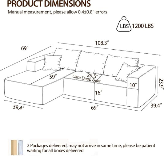 108" Modular Cloud Couch,L-Shaped Sectional Sofa with Deep Seats & Chaise,Upholstered Corduroy Boneless Couch for Living Room,No Need Assembly,Black(Left Facing Chaise)