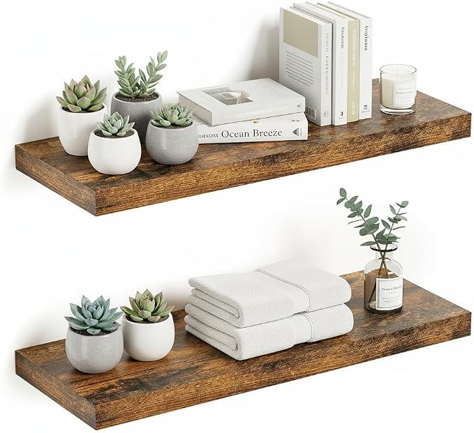 Vivelove Floating Shelves for Wall, 24 inch Wall Shelves for Bathroom Bedroom, Living Room, Kitchen, Office, Rustic Farmhouse Shelf Decor with Invisible Bracket, 24x9x1.6, Set of 2, Rustic Brown
