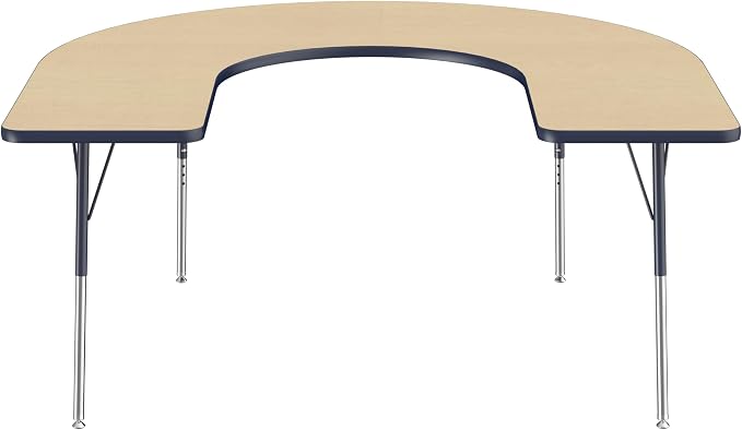 FDP Horseshoe Activity School and Office Table (60 x 66 inch), Standard Legs with Swivel Glides for Collaborative Seating Environments, Adjustable Height 19-30 inches - Maple Top and Navy Edge