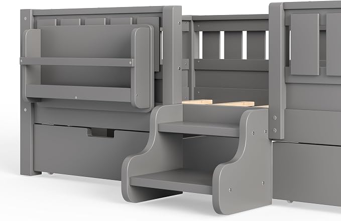 Bellemave Twin Bed with Storage Drawers & Bookshelf, Low Profile Kids Bed Frame with Staircase & Full Length Guardrails, Solid Wood Twin Bed for Kids with Slats Load 300LBS, Easy Assembly, Grey