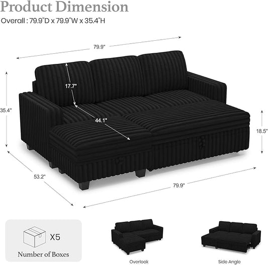 Belffin Corduroy Modular Sectional Sleeper Sofa with Pull Out Bed Small Sectional Couches with Storage for Living Room Apartment Couch. Black Couch