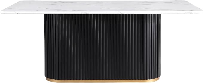 Morden Fort Marble Dining Table for 6, 70" Modern Dining Table with Black Fluted Base and White Faux Marble Top, Kitchen Table with Gold Trim for Ktichen, Reception and Conference