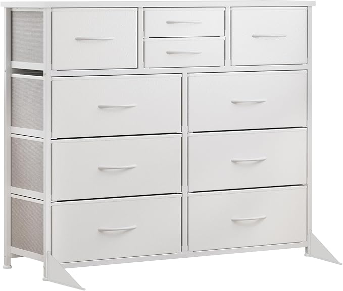 LUMTOK 10-Drawer Dresser, Fabric Storage Tower with Drawers for Bedroom, Dresser Drawer with Handle for Bedroom, Living Room, Hallway, Closets & Nurseryteel Frame, Wood Top (10 Drawer/White)
