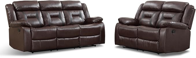 EBELLO Manual Recliner Sofa Set, Faux Leather Reclining Living Room Furniture Set, Included Loveseat and 3 Seat Manual Recliner Sofa, Dark Brown(Loveseat+Sofa)