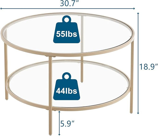 VINGLI Glass Coffee Table, 30" Round Coffee Table, Transparent Glass Coffee Tables for Living Room, 2-Tier Coffee Table with Storage, Modern Center Table with a Beige Frame, Mesa de Centro para Sala