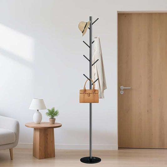 Coat Rack with Natural Marble Base, Metal Freestanding Coat Rack with 8 Hooks, Heavy Duty Coat Hanger Stand for Entryway, Office, Bedroom,Dorm for Coats, Hats, Handbags and Scarves(Black)