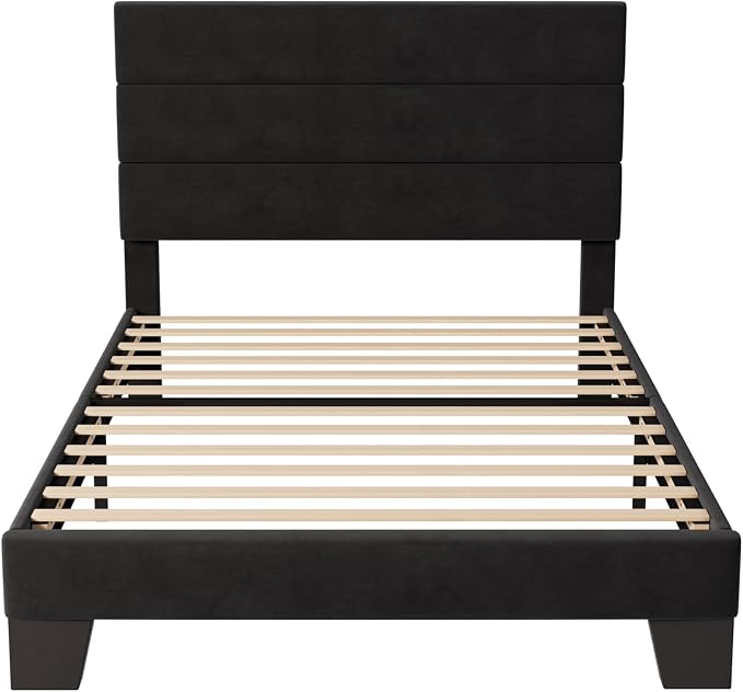 Allewie Twin Size Platform Bed Frame with Velvet Upholstered Headboard and Wooden Slats Support, Fully Upholstered Mattress Foundation/No Box Spring Needed/Easy Assembly, Black