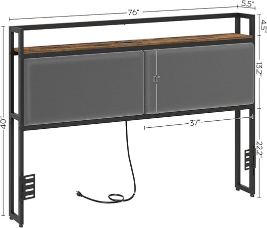 King Size Headboard Only with Storage Shelves, Upholstered Headboard with Charging Station, Height Adjustable, Sturdy and Stable, Vintage Style, Rustic Brown, Gray and Black