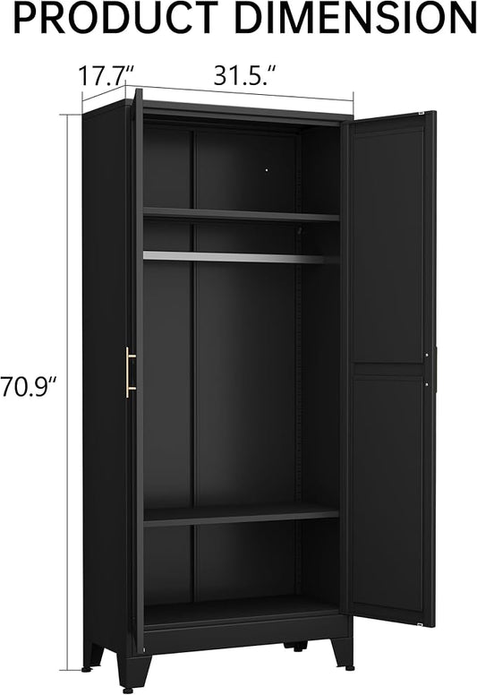 Metal Armoire Wardrobe Closet Storage Cabinet with Hanging Rod,71'' Metal Wardrobe Cabinet with 2 Doors and 2 Adjustable Shelves for Bedroom, Laundry Room, Cloak Room