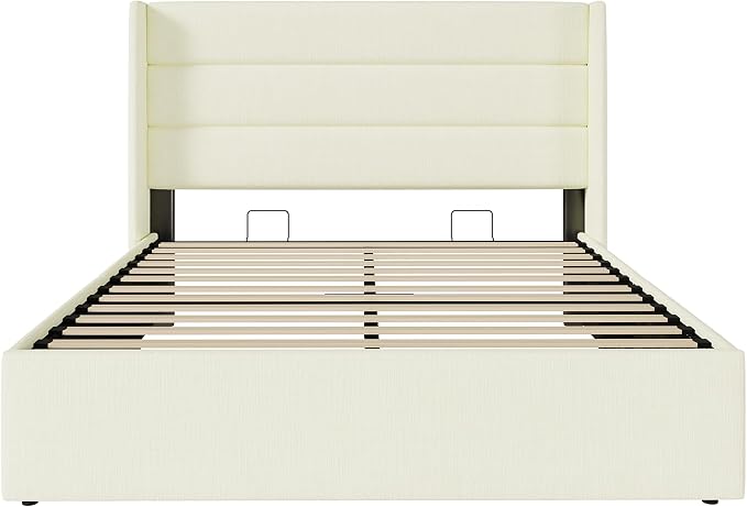 SHA CERLIN Queen Size Lift Up Storage Bed/Chenille Fabric Upholstered/Modern Wingback Headboard/Platform Bed Frame/Hydraulic Storage/No Box Spring Needed/Wood Slats Support/Cream