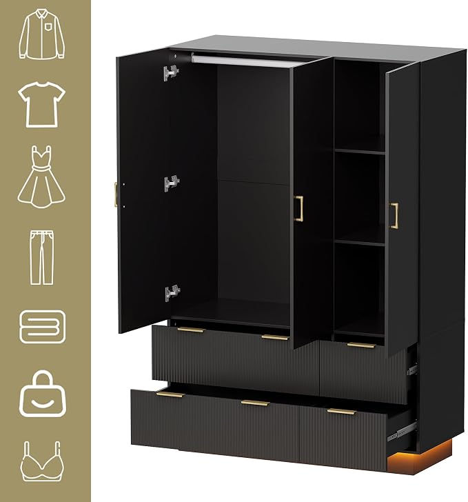 PAKASEPT Large Wardrobe Closet, 3 Door Armoire Closet | Mirror and LED Lights, Hanging Rod, Drawers, Armoires and Wardrobes for Bedroom