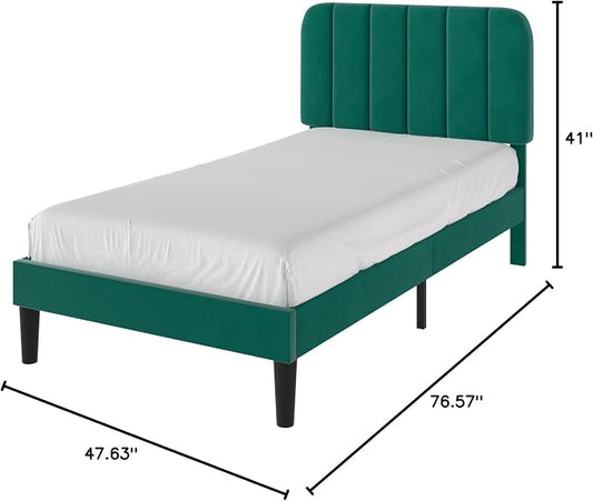VECELO Twin Size Bed Frame with Upholstered Headboard, Velvet Platform Bedframe Mattress Foundation, Strong Wood Slat Support, No Box Spring Needed,Green
