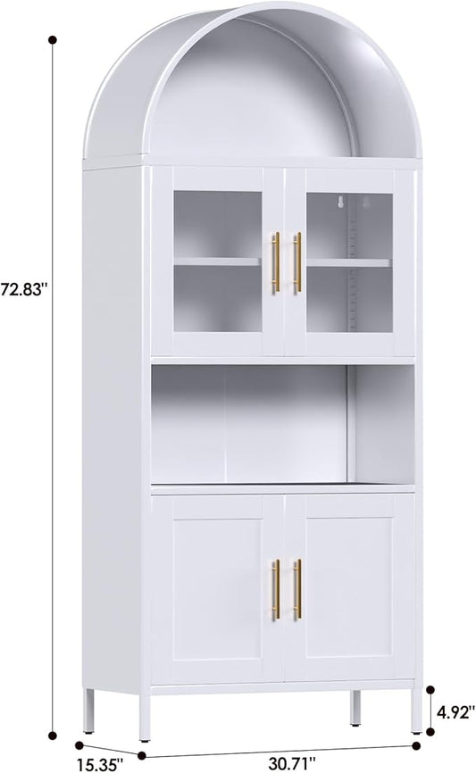 72.8" H Metal Pantry Cabinet with 4 Doors and 2 Adjustable Shelves, White Arched Kitchen Pantry Cabinet with Open Shelf for Kitchen, Dining Room, Assembly Required