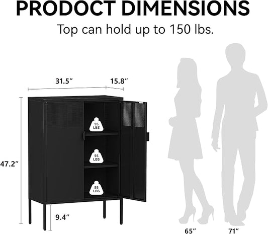 COFaR Black Metal Cabinet with Adjustable Shelves, 47”H Industrial Buffet Sideboard & Coffee Bar Station, Ventilated Steel Storage Cabinet with Magnetic Doors for Kitchen, Office, Living Room