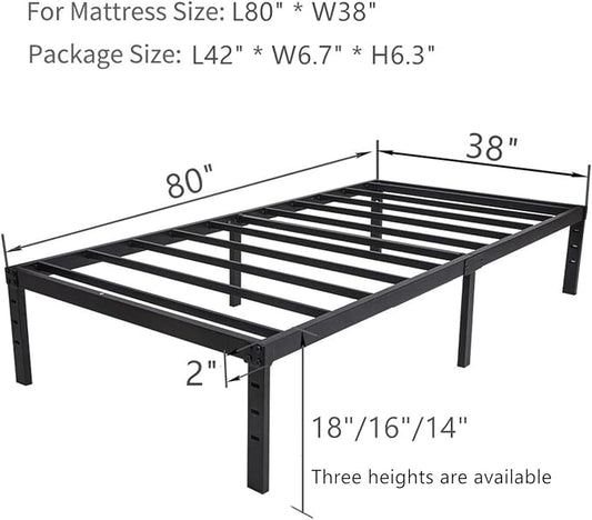 Wulanos Twin XL Bed Frame 18 inch Tall, 3500lbs Heavy Duty Metal Platform with Steel Slats Support, 18-inch Bedframe with Ample Storage, No Box Spring Needed, Sturdy and Noise-Free, Black