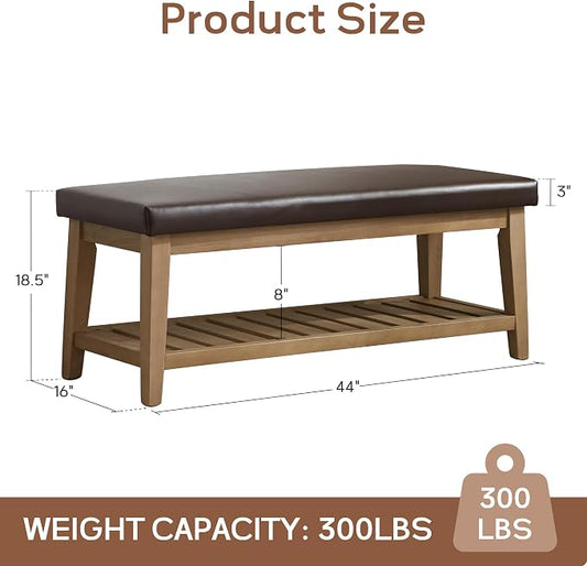 HUIMO Entryway Shoe Bench with Cushion, End of Bed Bench,Upholstered Bench for Kitchen, Bench with Solid Wood Shelf, Leather Ottoman Bench for Hallway, Living Room (PU-Brown)