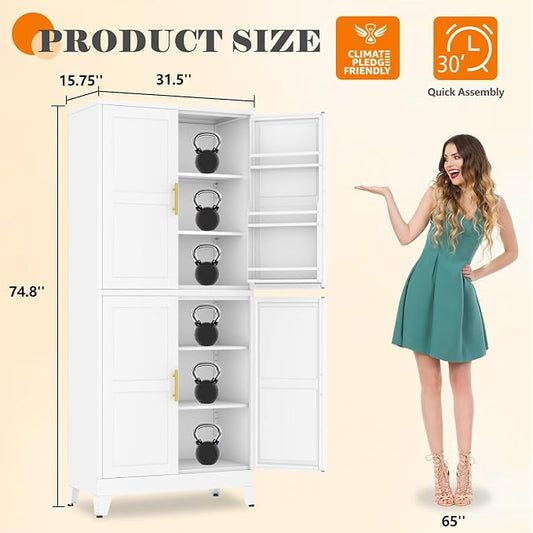 GAIOUS 74.8" Tall Metal Food Cabinet, White Kitchen Pantry Cabinet, Storage Cabinets with 4 Door and 4 Adjustable Shelves, Steel Freestanding Cupboard for Kitchen Dining Room Living Room Bathroom